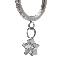 Clear CZ dangle star titanium hoop earring, 8mm diameter, 16g body jewelry from Body Clickers featuring a stylish dangling star design.