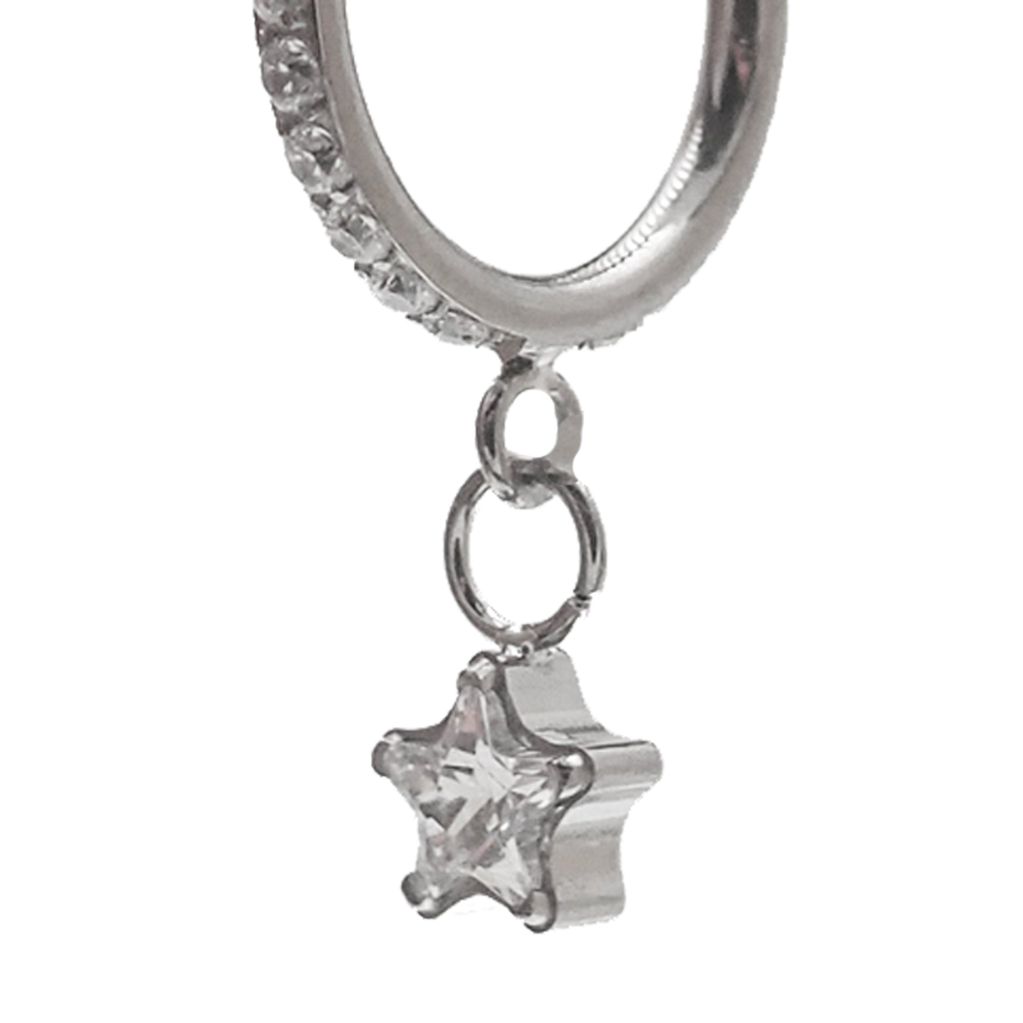 Clear CZ dangle star titanium hoop earring, 8mm diameter, 16g body jewelry from Body Clickers featuring a stylish dangling star design.