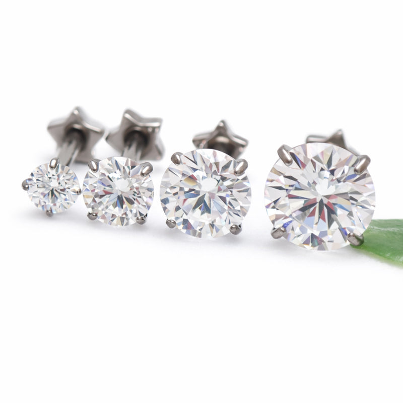 Set of 4 implant grade titanium star back CZ earrings, externally threaded, 16g, 8mm, by Body Clickers.