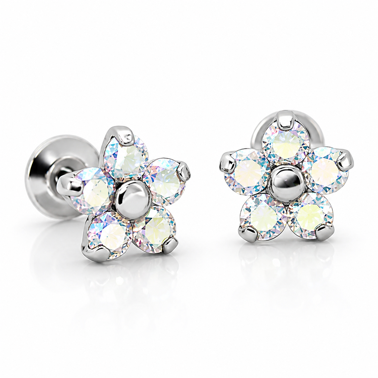 Pair of Body Clickers titanium implant earrings with flower design, 20g gauge, for pierced ears, body jewelry.