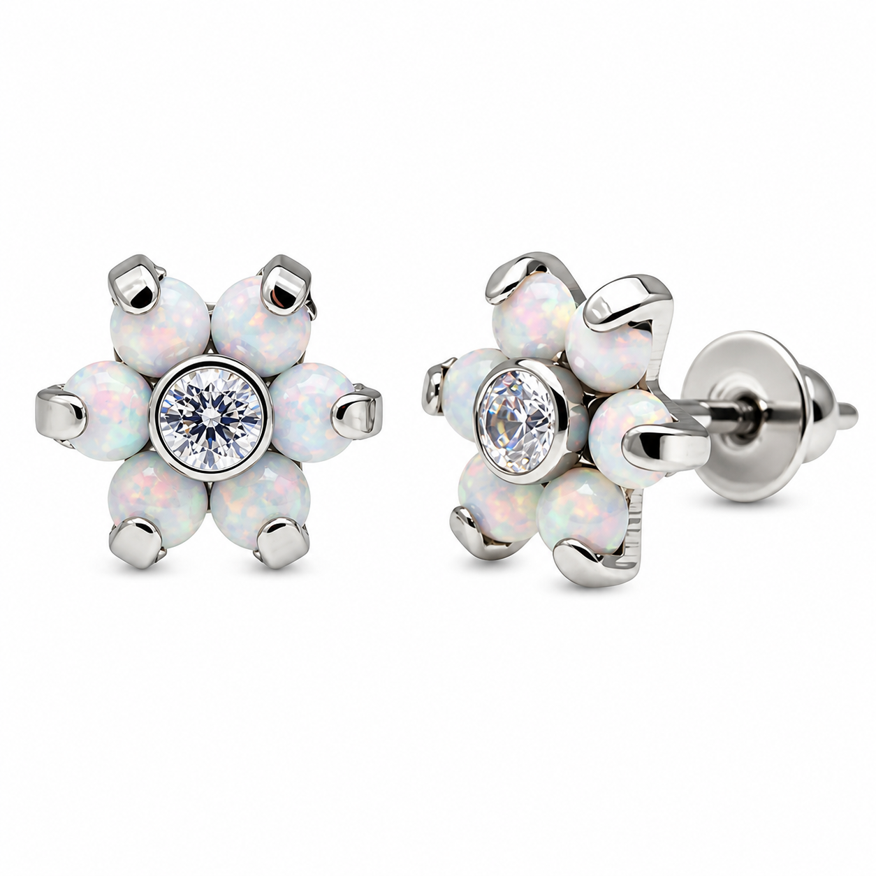Titanium flower opal earrings by Body Clickers, 20g implant earrings with vibrant opal and floral design.