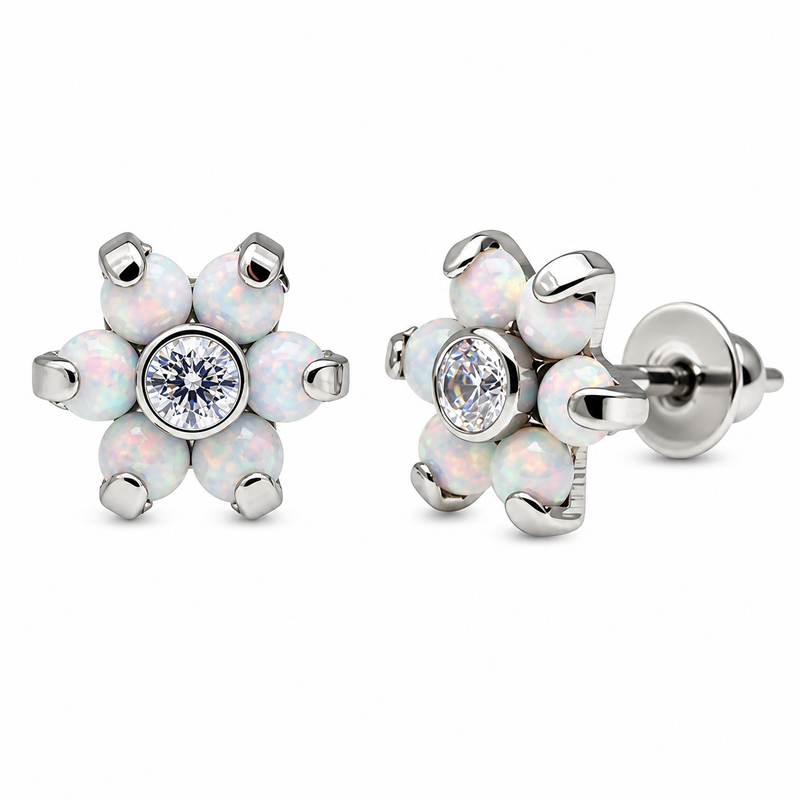 Titanium flower opal earrings by Body Clickers, 20g implant earrings with vibrant opal and floral design.