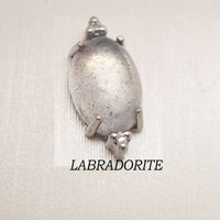 Body Clickers titanium labret earrings with natural stone oval flatback design in labradorite, available in 14g, 16g, and 18g gauges.