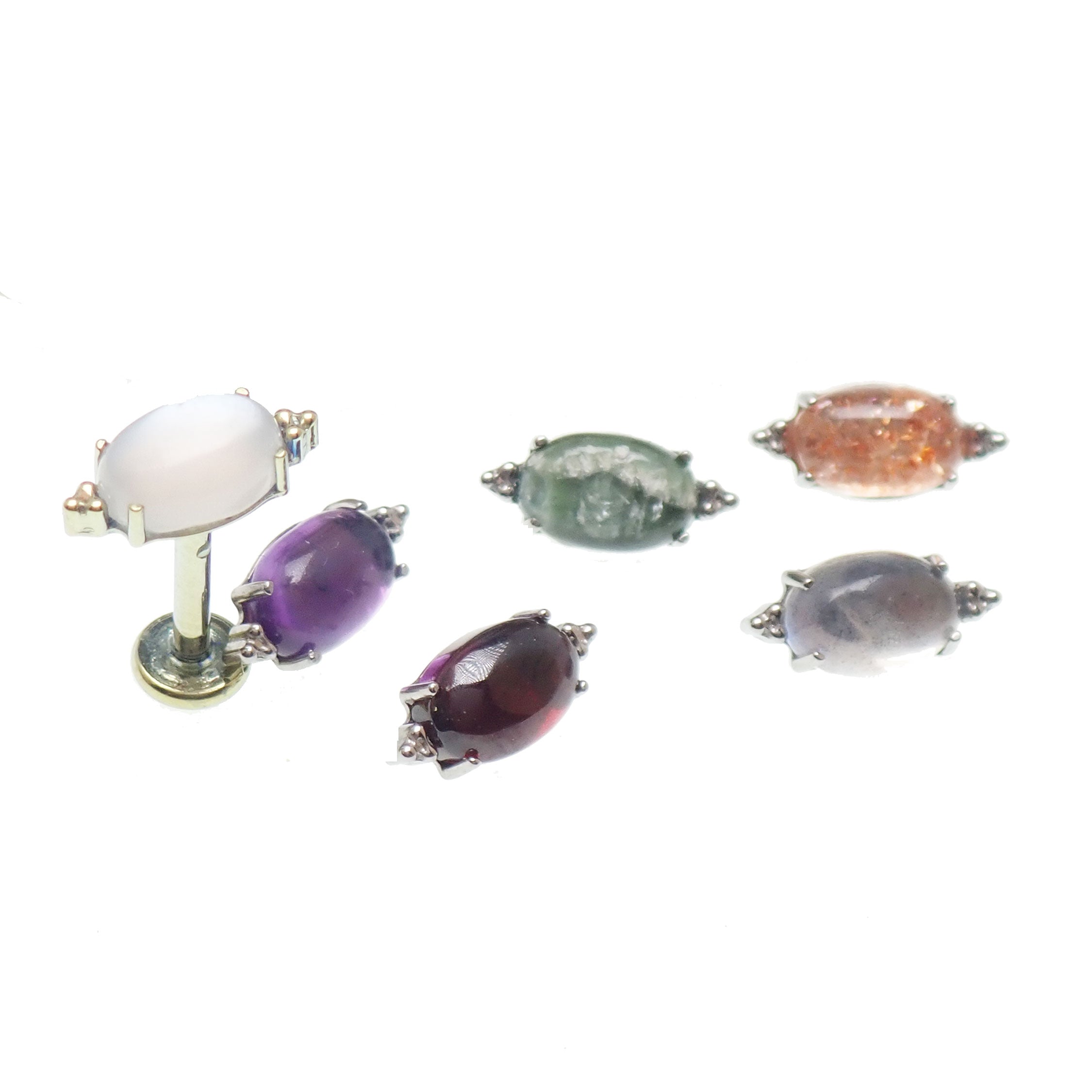 Body Clickers implant titanium oval flatback labret piercing earrings with natural stone bead in various gauges.