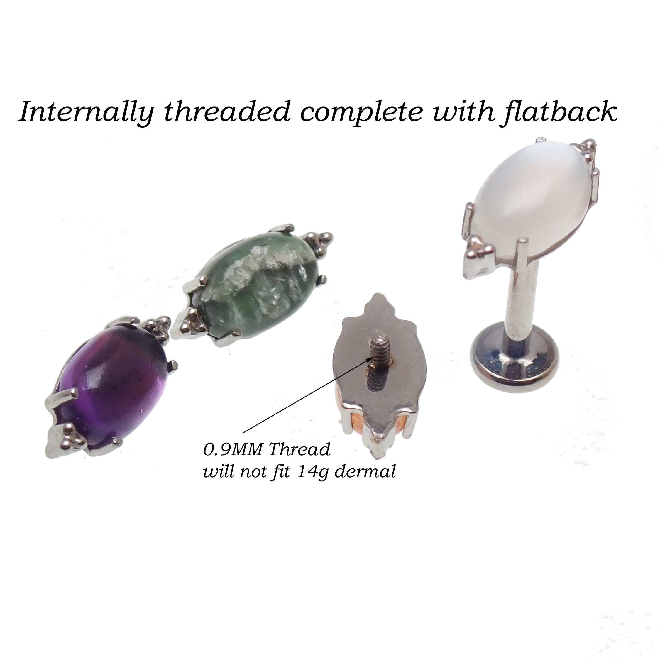 Body Clickers titanium labret earrings with natural stone oval flatback, available in 14g, 16g, and 18g sizes.