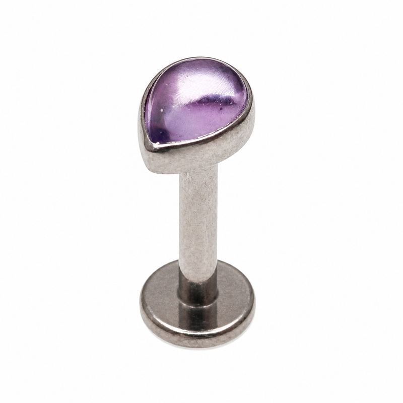 Titanium amethyst tear drop flat back labret earring by Body Clickers, 18g, 1mm thick, 6mm length, smooth teardrop shape