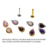 White fire opal teardrop implant titanium flat back labret piercing, internally threaded, 14g, 6mm by Body Clickers