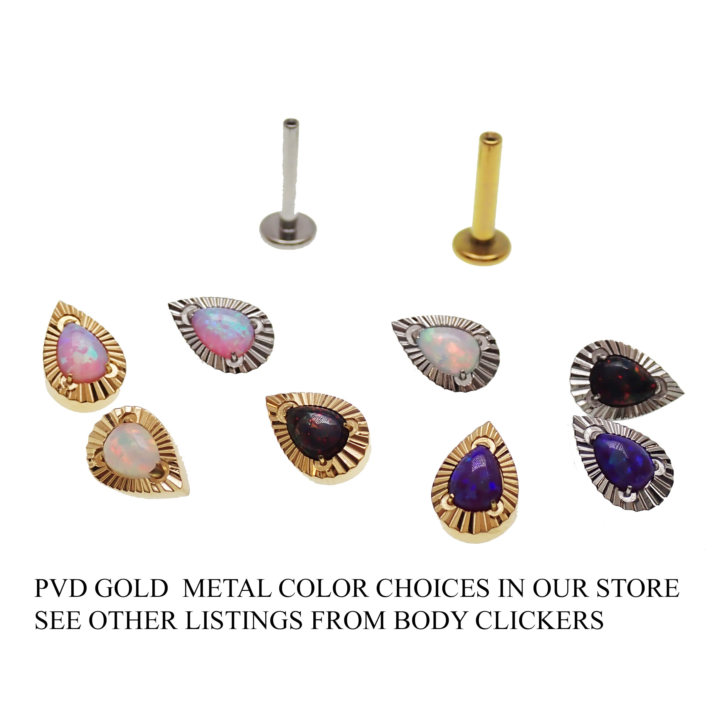 White fire opal teardrop implant titanium flat back labret piercing, internally threaded, 14g, 6mm by Body Clickers