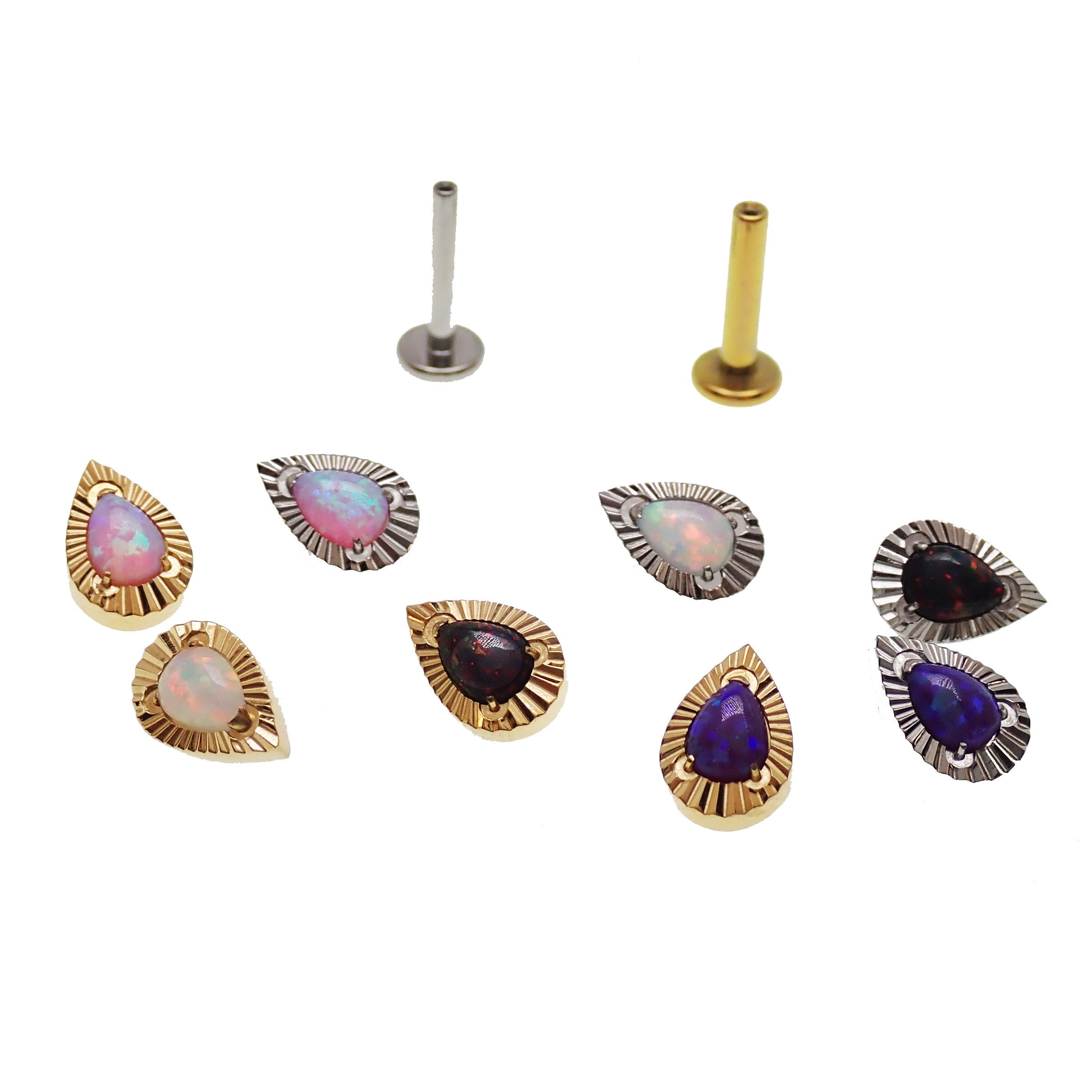 Flat back labret jewelry with a white fire opal teardrop, made of implant-grade titanium, internally threaded for easy wear.