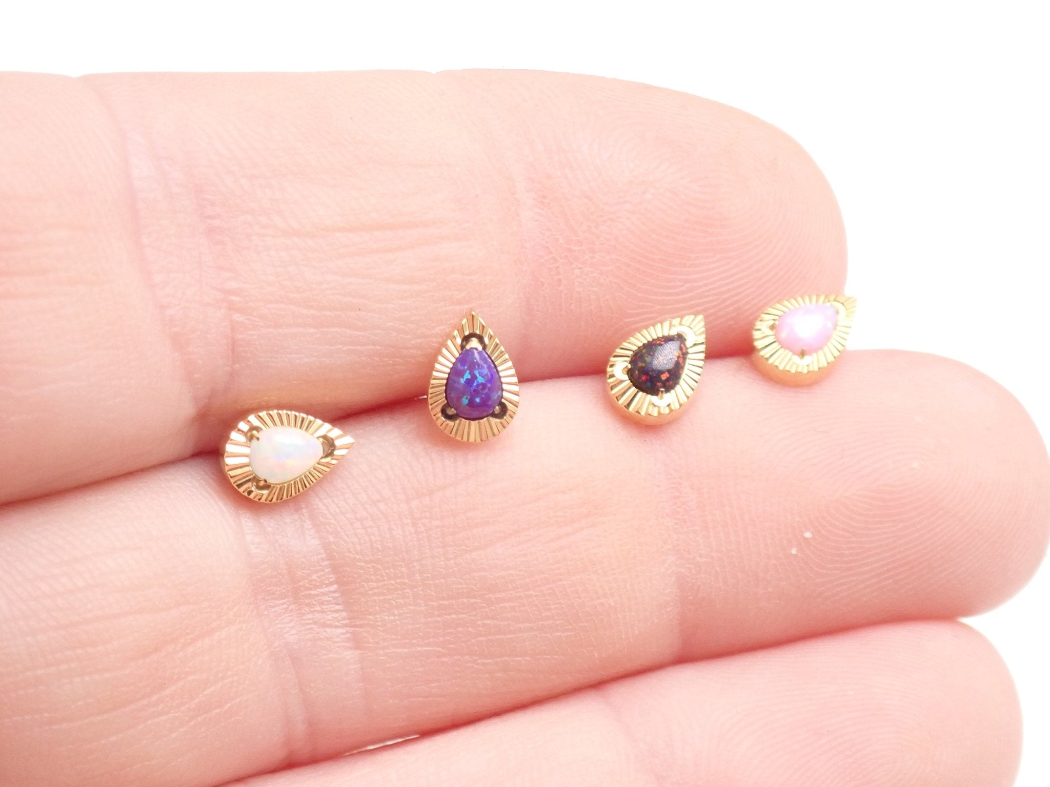Fire Opal Teardrop implant titanium flat back labret in gold with white fire opal, 18g, 6mm, internally threaded jewelry.