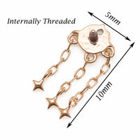 14K gold celestial flatback piercing by Body Clickers, internally threaded in 14g, 16g, and 18g sizes, shown in gold.