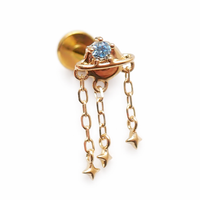 14K gold celestial flatback piercing by Body Clickers, internally threaded 14g, 16g, 18g for ear or body jewelry.
