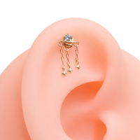 14K gold celestial flatback piercing with internal threading, suitable for various gauges, designed for comfortable ear wear.
