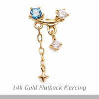 14K gold celestial flatback piercing by Body Clickers, internally threaded design, available in 14g, 16g, and 18g gauges.