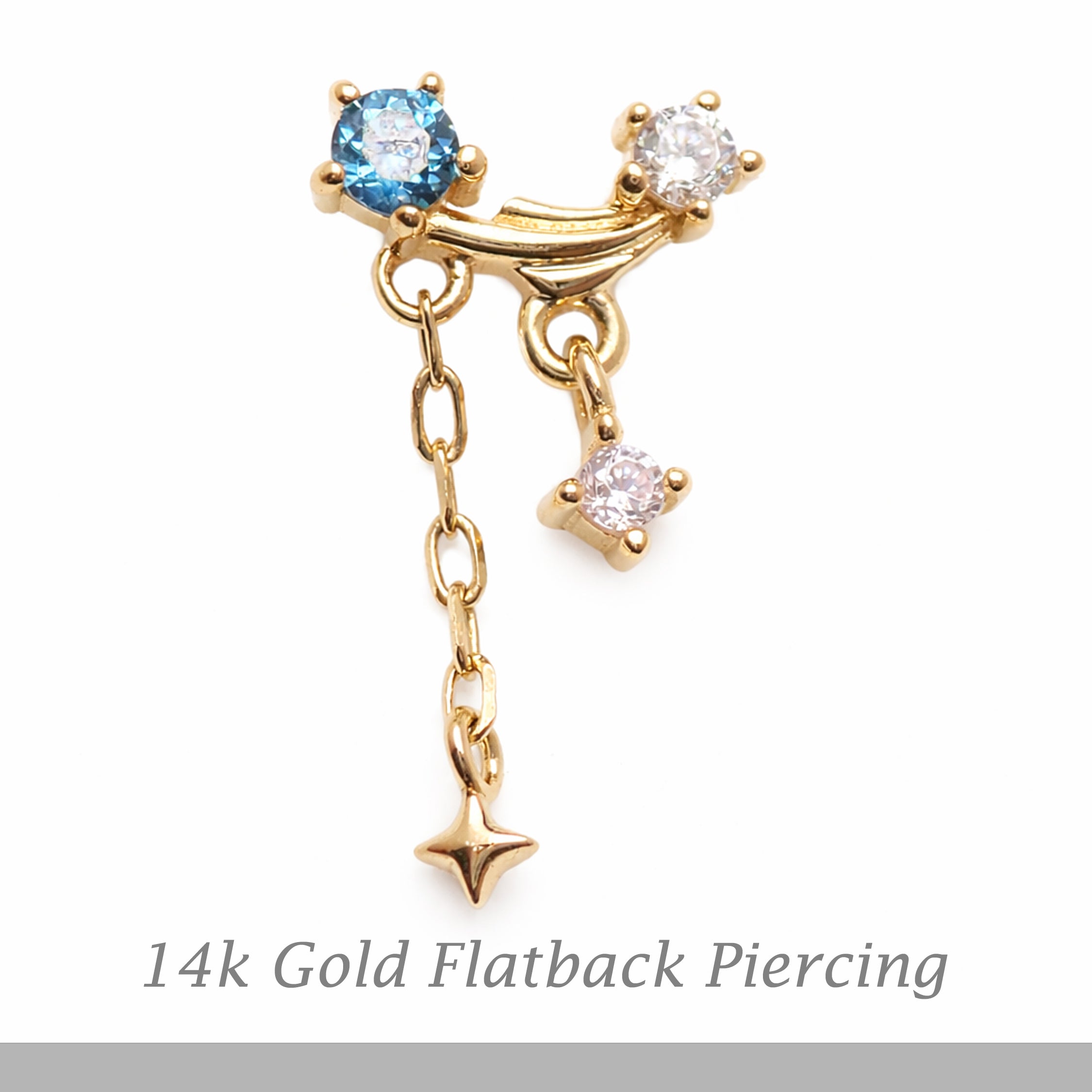 14K gold celestial flatback piercing by Body Clickers, internally threaded design, available in 14g, 16g, and 18g gauges.