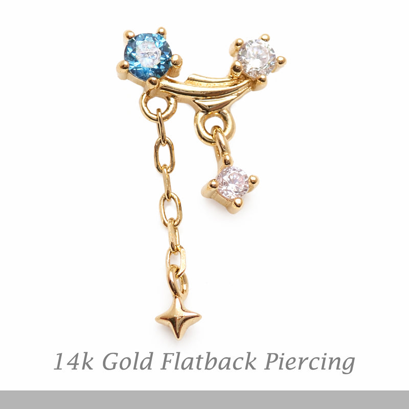 14K gold celestial flatback piercing by Body Clickers, internally threaded design, available in 14g, 16g, and 18g gauges.