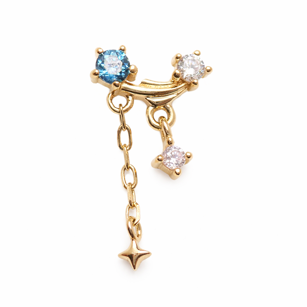 14K gold celestial flatback piercing with internal threading in 14g, 16g, and 14g gauges, designed for body jewelry.