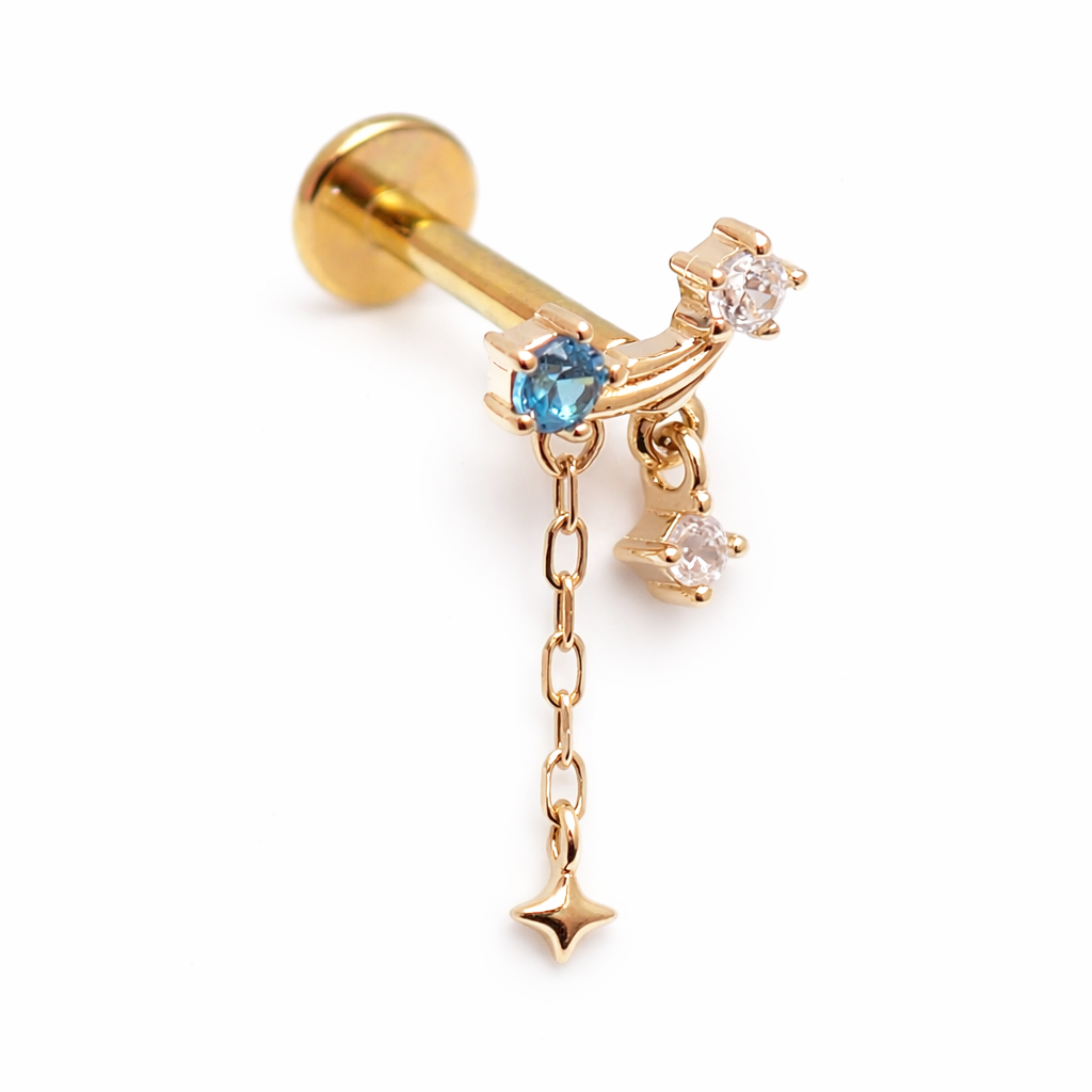 14K gold celestial flatback piercing by Body Clickers, internally threaded, available in 14g, 16g, and 18g sizes.