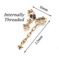 14K gold celestial flatback piercing by Body Clickers, internally threaded in 14g, 16g, and 18g with a polished celestial design.