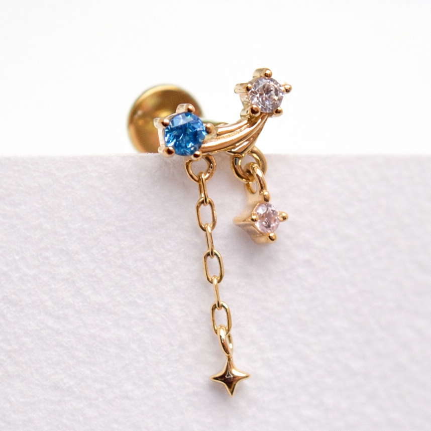 14K gold celestial flatback piercing by Body Clickers, internally threaded in 14g, 16g, and 18g with a sleek celestial design.