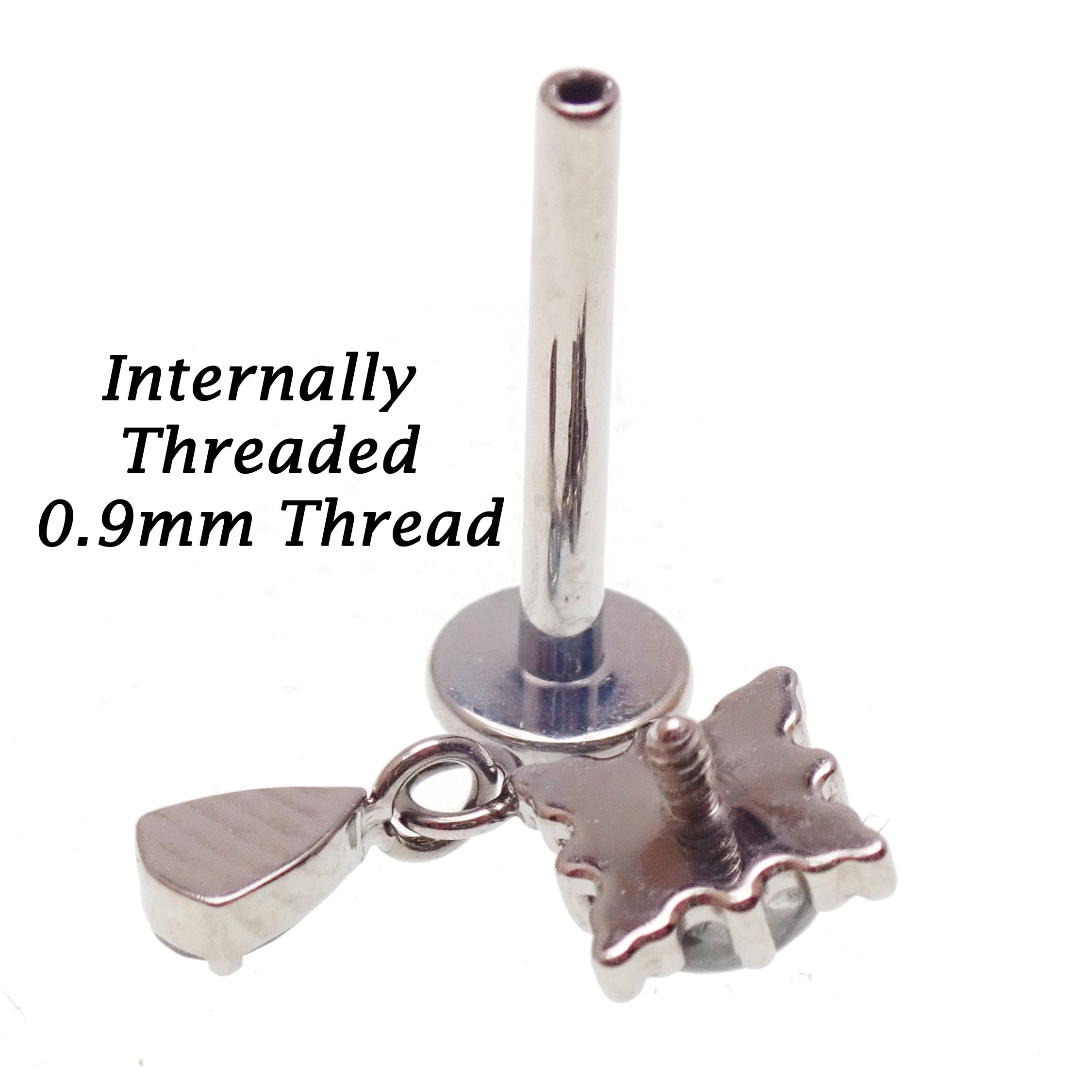 Titanium implant flatback by Body Clickers with natural amethyst stone, 18g, 6mm size, internally threaded for body jewelry.