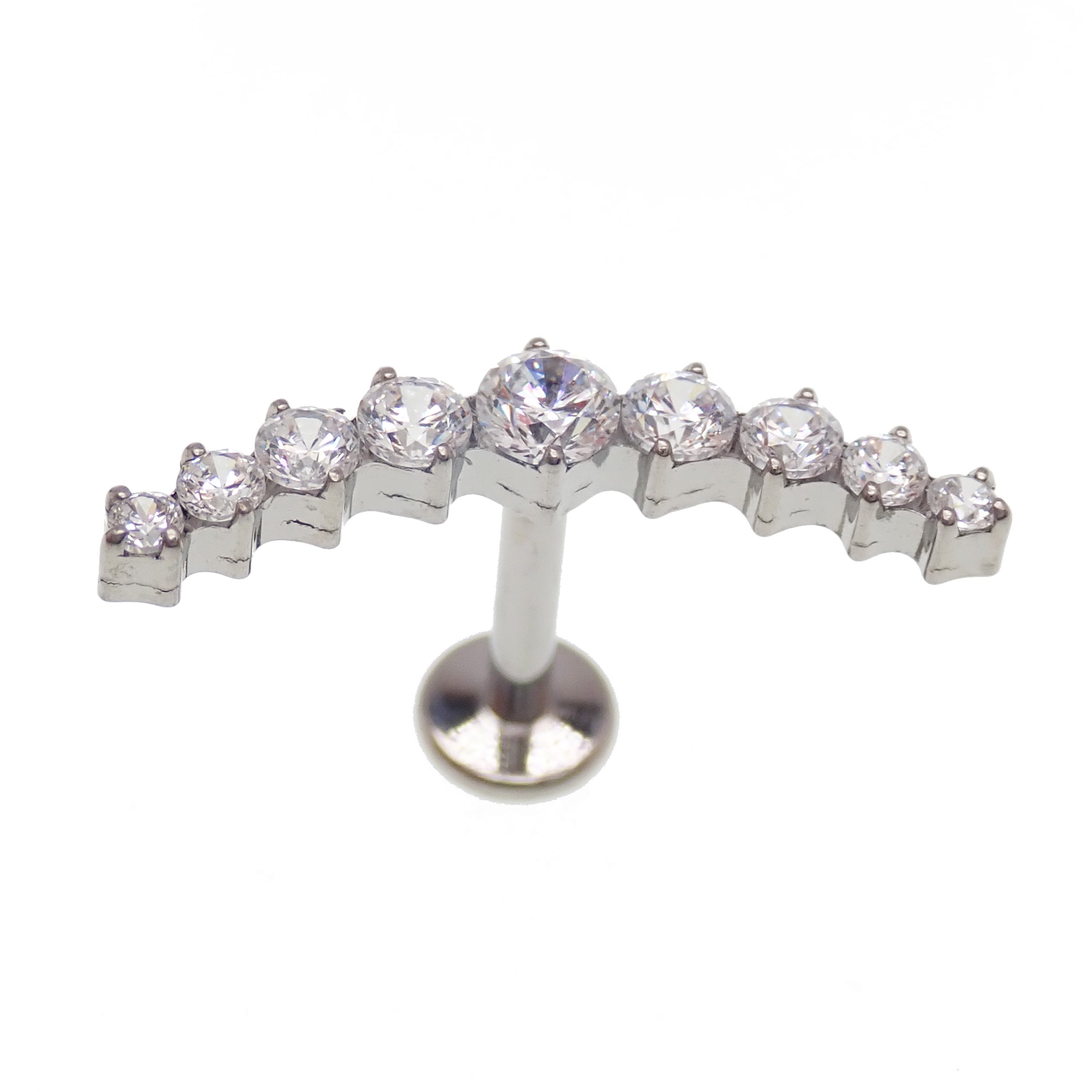 Titanium flatback CZ studded helix curve implant piercing by Body Clickers, 18g, 6mm, internally threaded, 0.9mm thread.