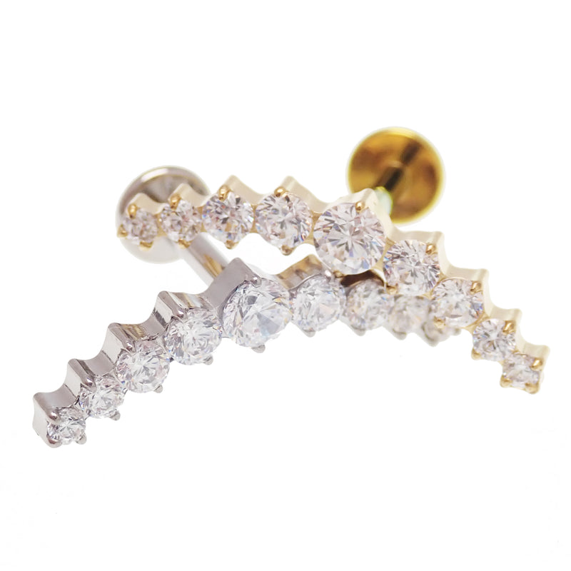 Body Clickers CZ studded helix curve implant in titanium flatback with 0.9mm internal thread, 18g, 6mm length, decorative jewelry.