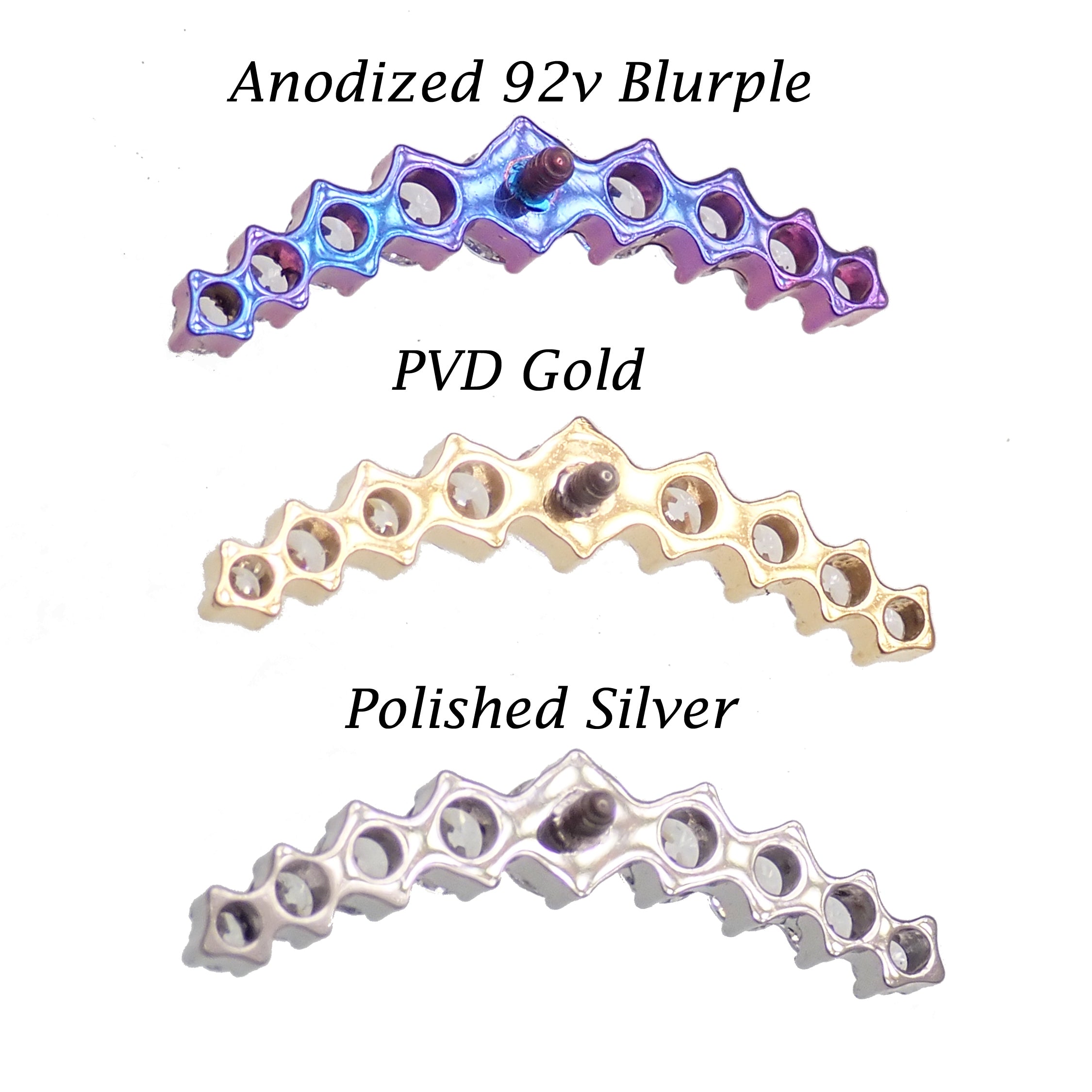 CZ studded helix curve implant flatback earring by Body Clickers in titanium, 18g, 6mm, internally threaded, 0.9mm thread