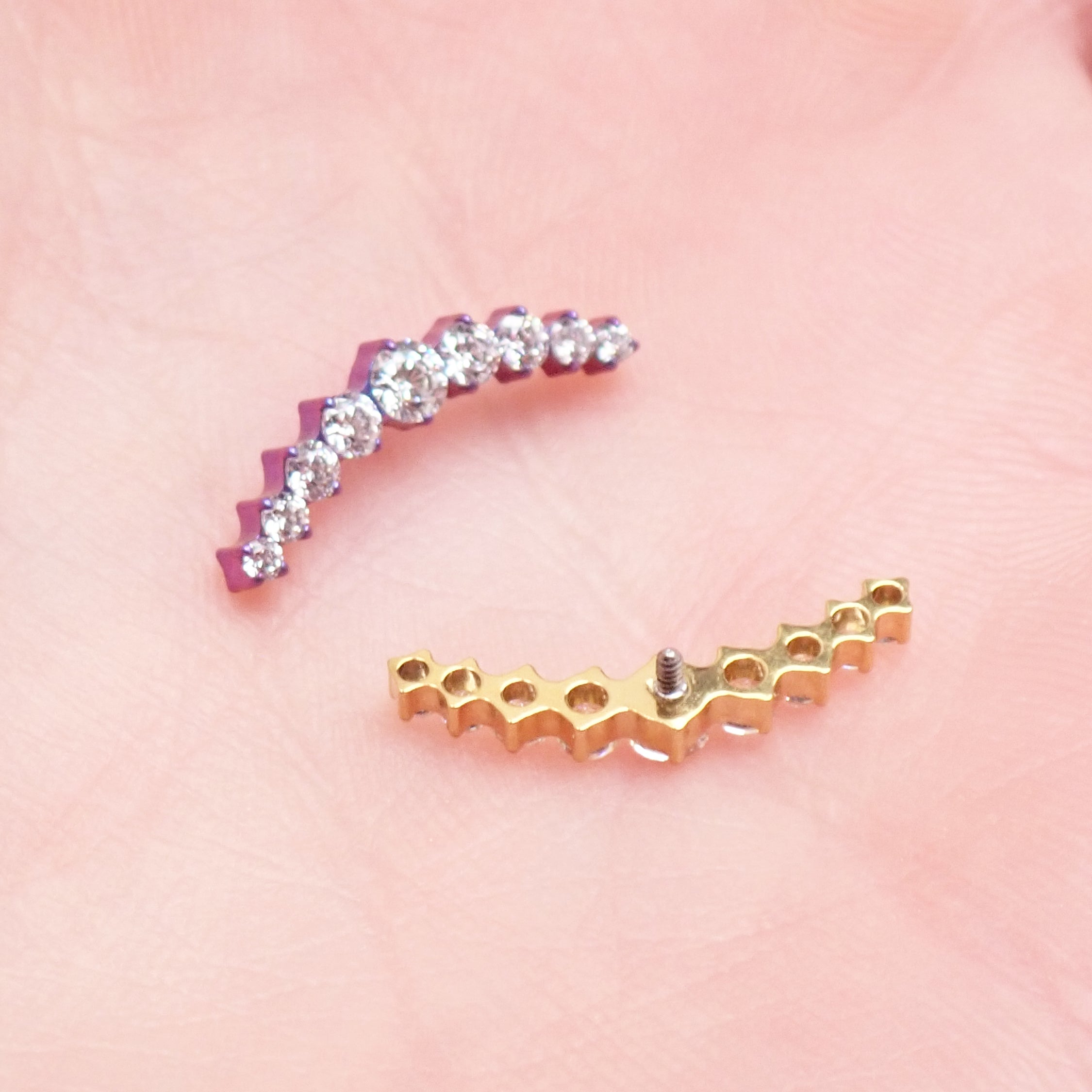 Titanium flatback CZ studded helix curve implant ear piercing by Body Clickers, internally threaded 0.9mm thread, 6mm size.