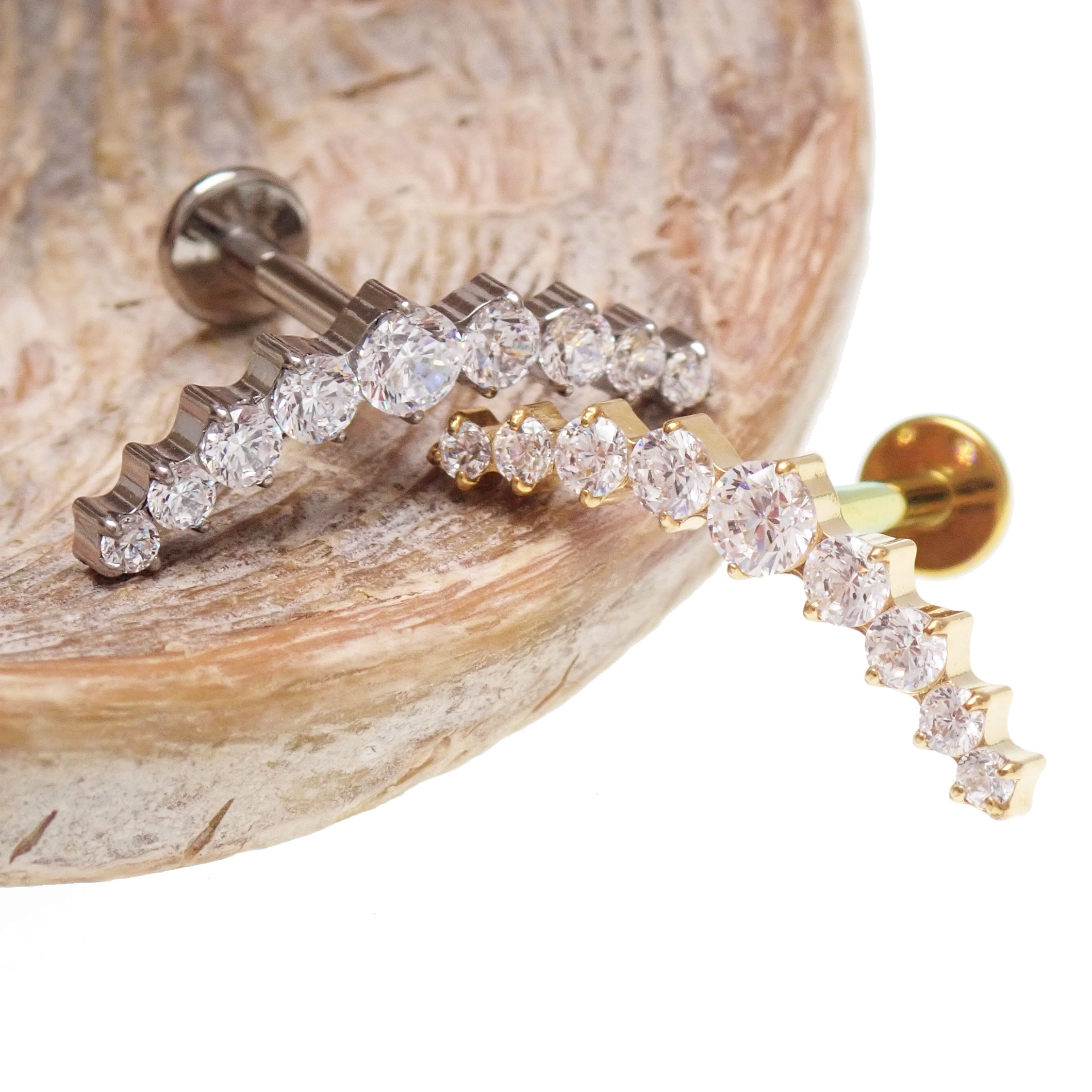 Body Clickers CZ studded helix curve implant in titanium, flatback, internally threaded, 0.9mm thread, 18g, 6mm length.