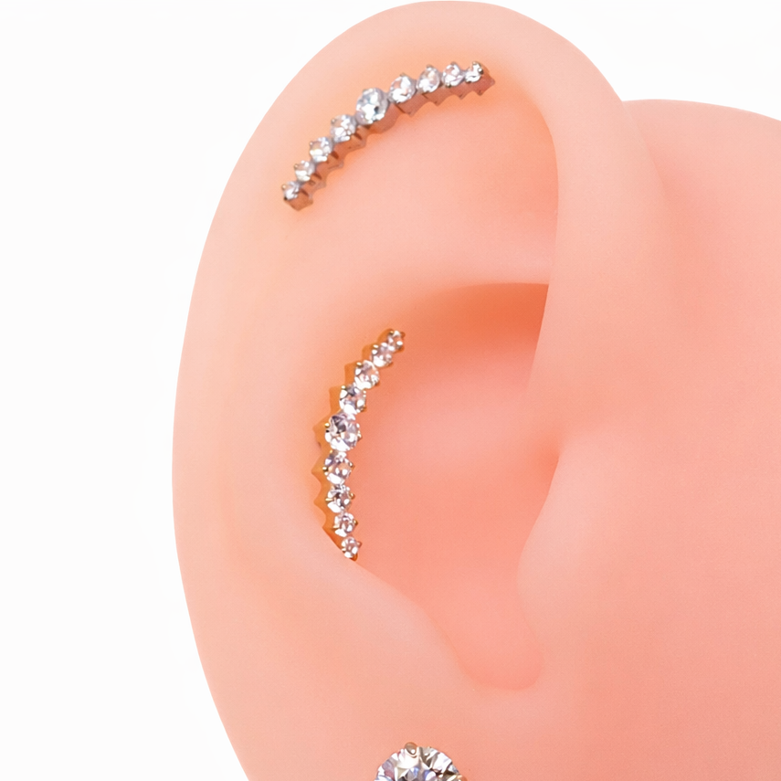 Titanium flatback helix curve implant with CZ studs from Body Clickers, 18g, 6mm length, internally threaded for ear piercing.