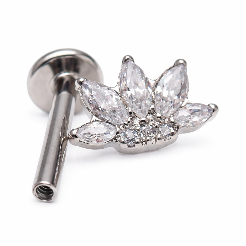 Implant Titanium CZ Lotus Leaf Flatback Piercing, Internally Threaded 18g, 16g, 14g