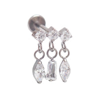Silver implant titanium dangle CZ cluster flatback piercing by Body Clickers, internally threaded in 14g, 16g, and 18g sizes.