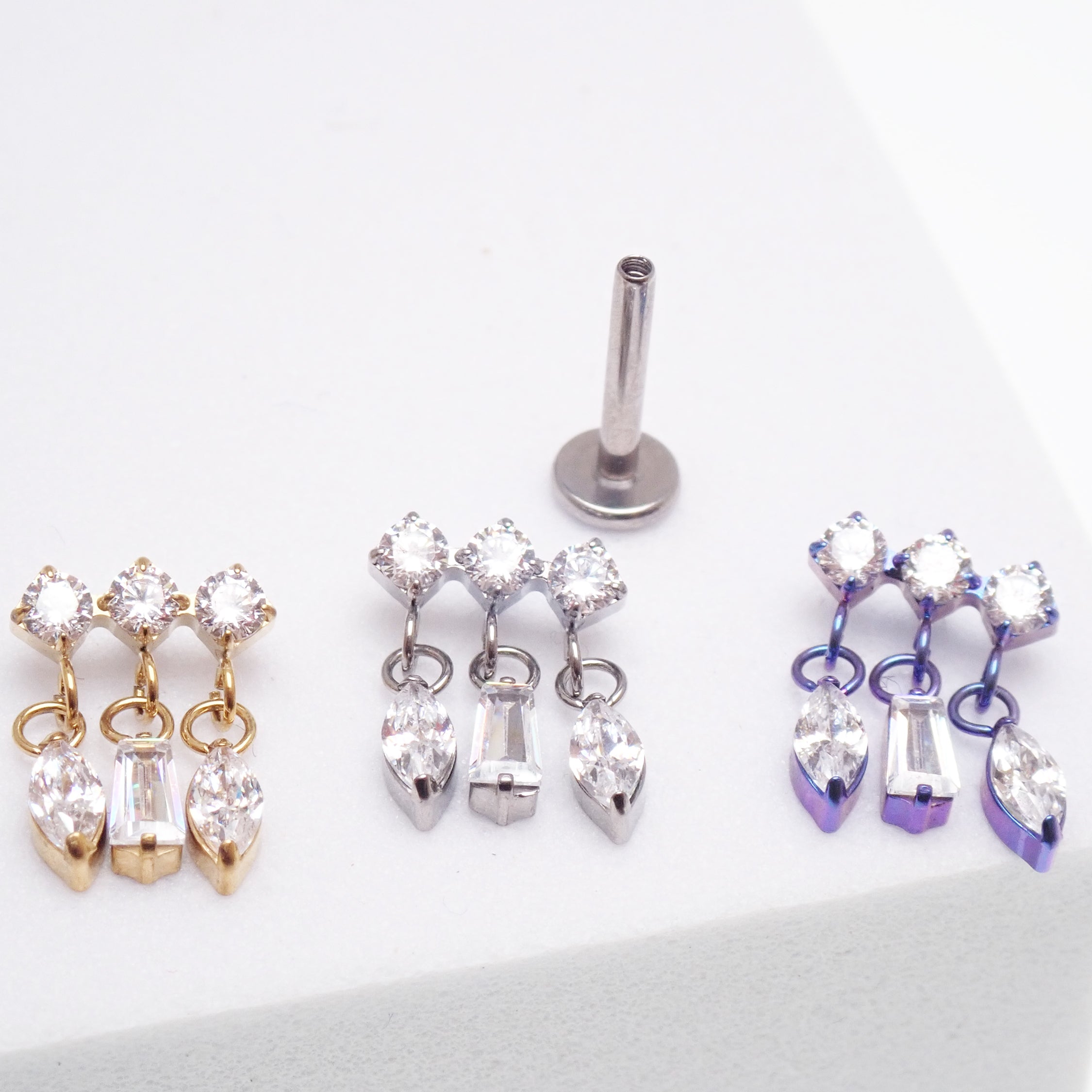 Titanium dangle CZ cluster flatback piercing by Body Clickers, internally threaded, 14g, 16g, 18g, with sparkling CZ stones.