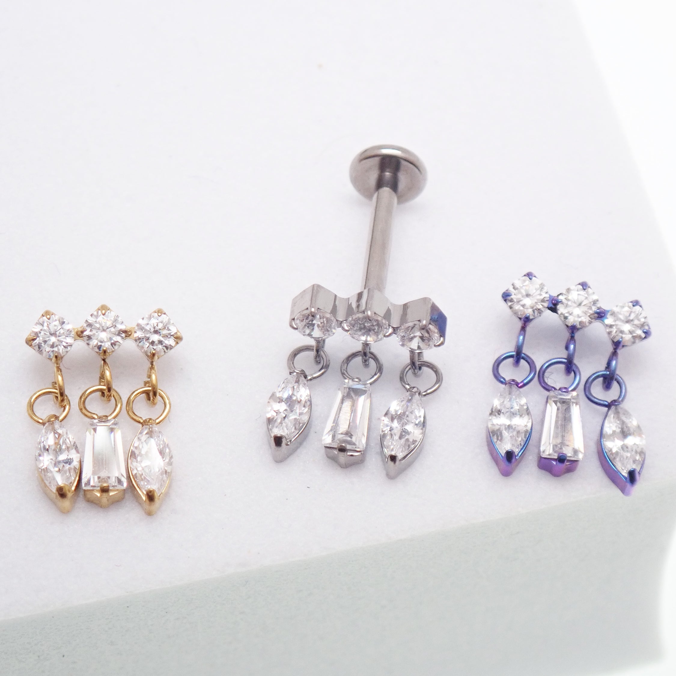 Body Clickers titanium implant dangle CZ cluster flatback piercing in 14g, 16g, 18g with internally threaded design.