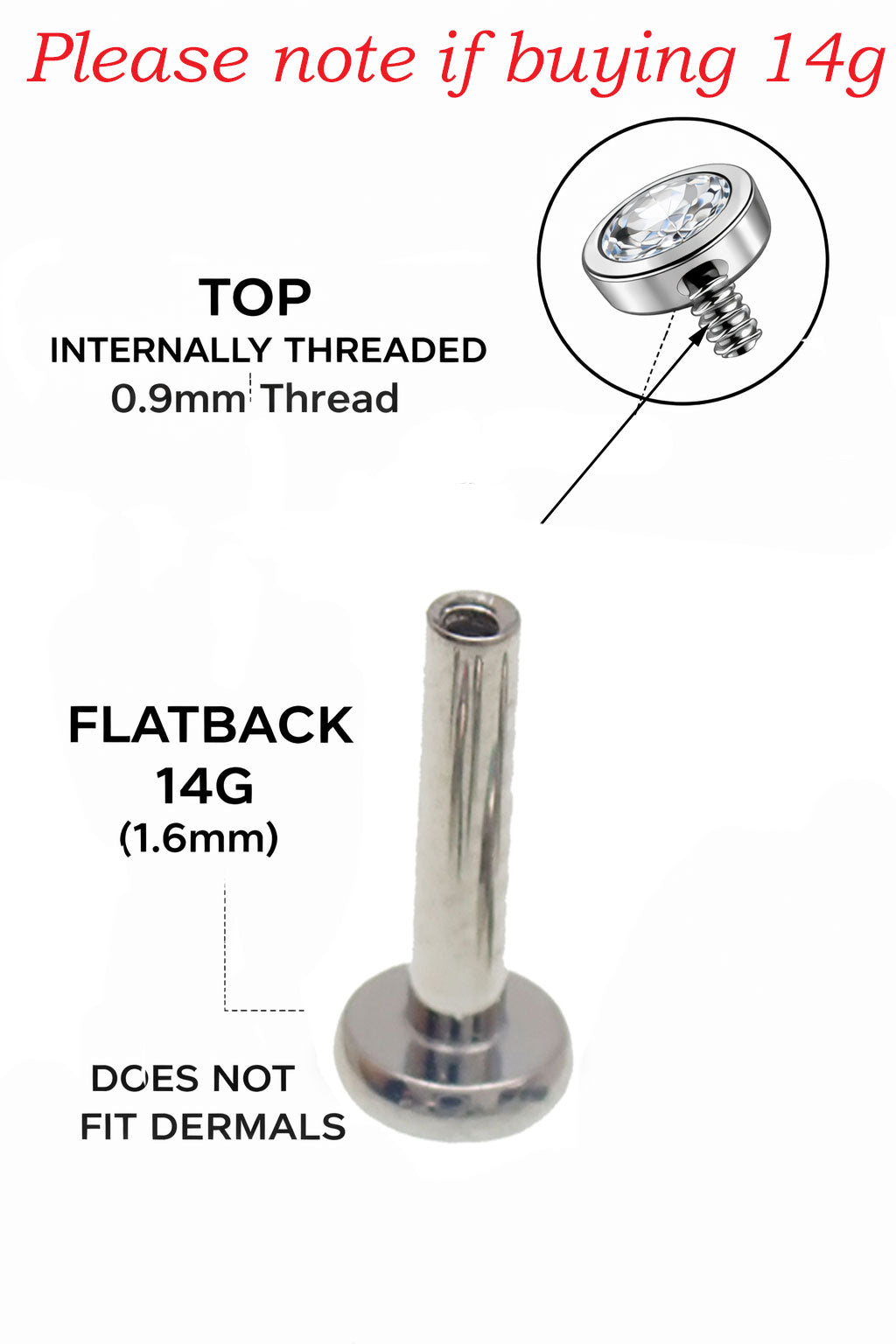 Titanium implant dangle CZ cluster flatback piercing in 14G with 16G hole, internally threaded for Body Clickers jewelry.
