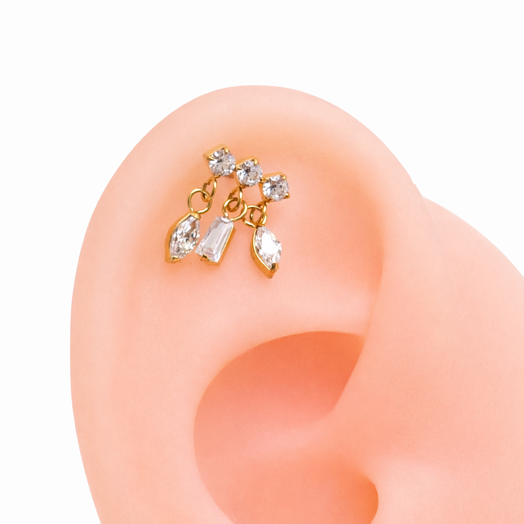 Titanium dangle CZ cluster flatback piercing by Body Clickers, internally threaded, available in 14g, 16g, 18g for ear jewelry.