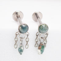 Implant Titanium Moss Agate Dangly Flatback Piercing, Internally Threaded 18g, 16g, 14g