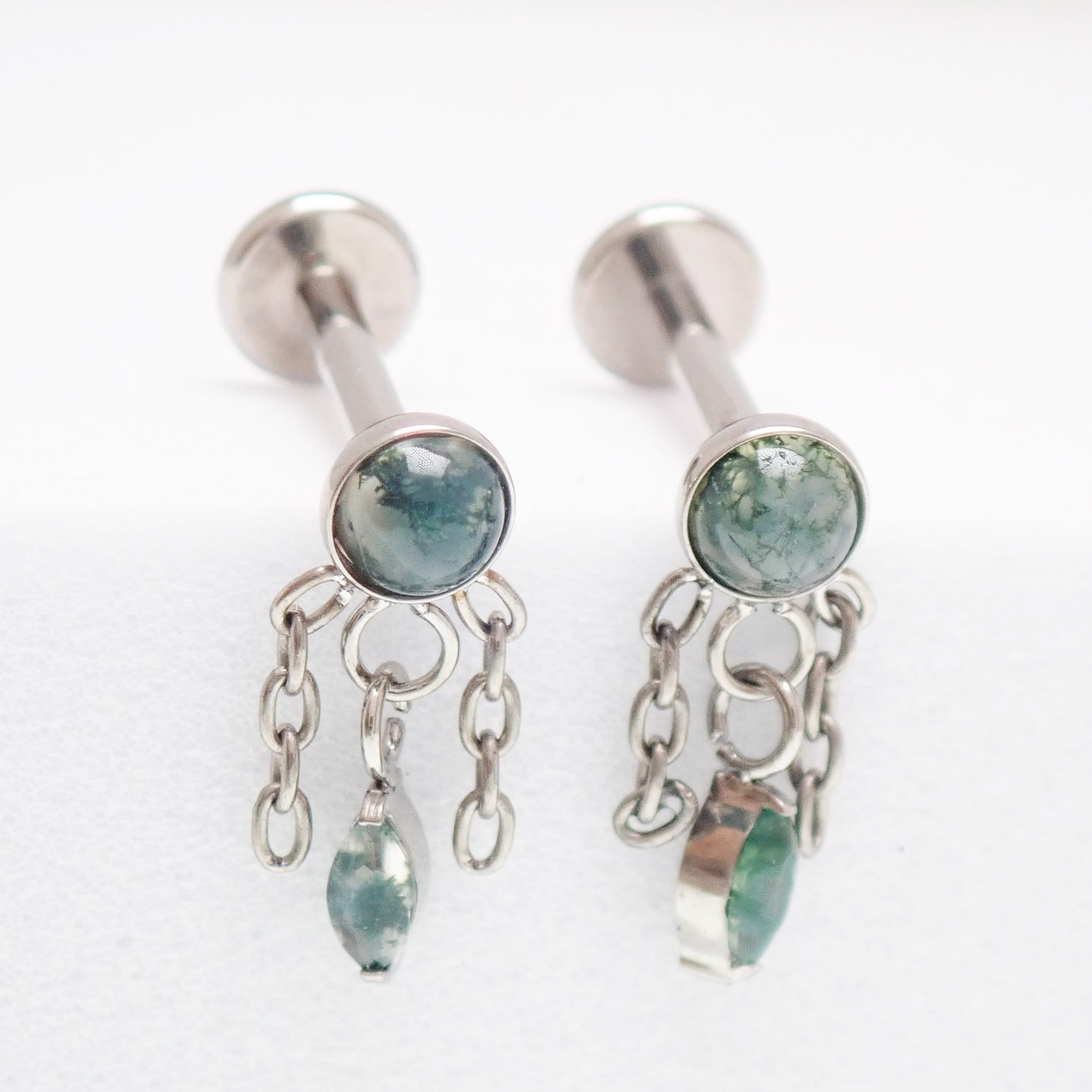 Implant Titanium Moss Agate Dangly Flatback Piercing, Internally Threaded 18g, 16g, 14g
