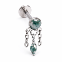 Implant Titanium Moss Agate Dangly Flatback Piercing, Internally Threaded 18g, 16g, 14g