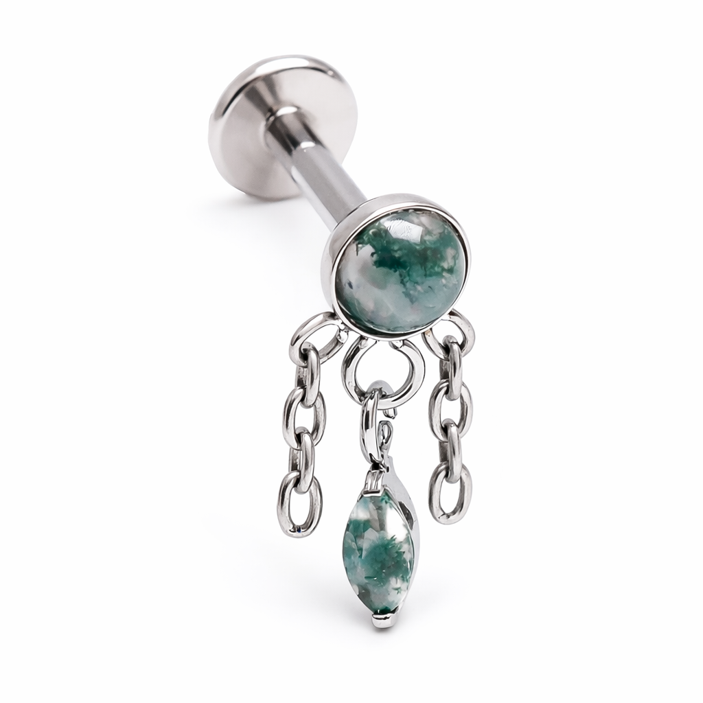 Implant Titanium Moss Agate Dangly Flatback Piercing, Internally Threaded 18g, 16g, 14g