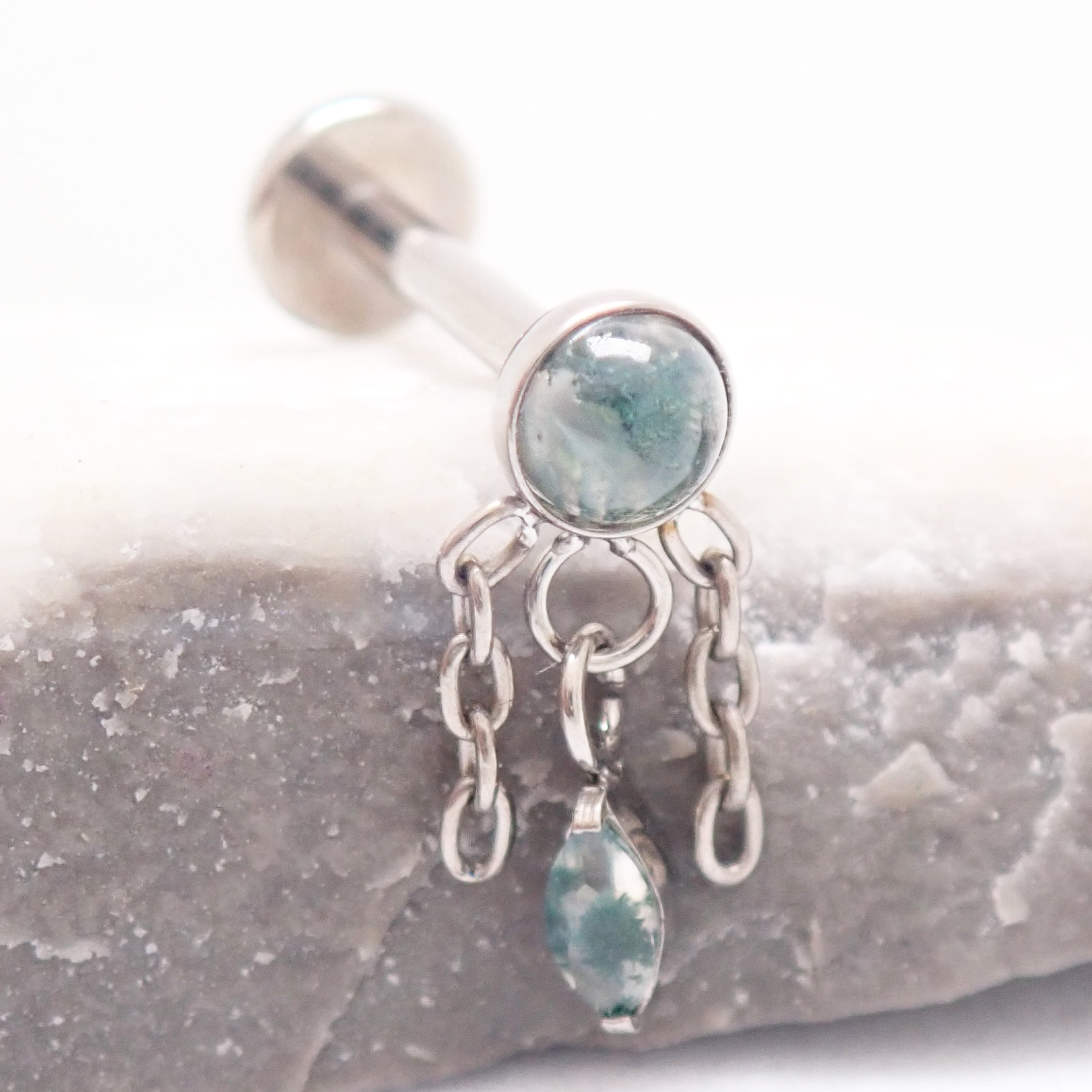 Implant Titanium Moss Agate Dangly Flatback Piercing, Internally Threaded 18g, 16g, 14g