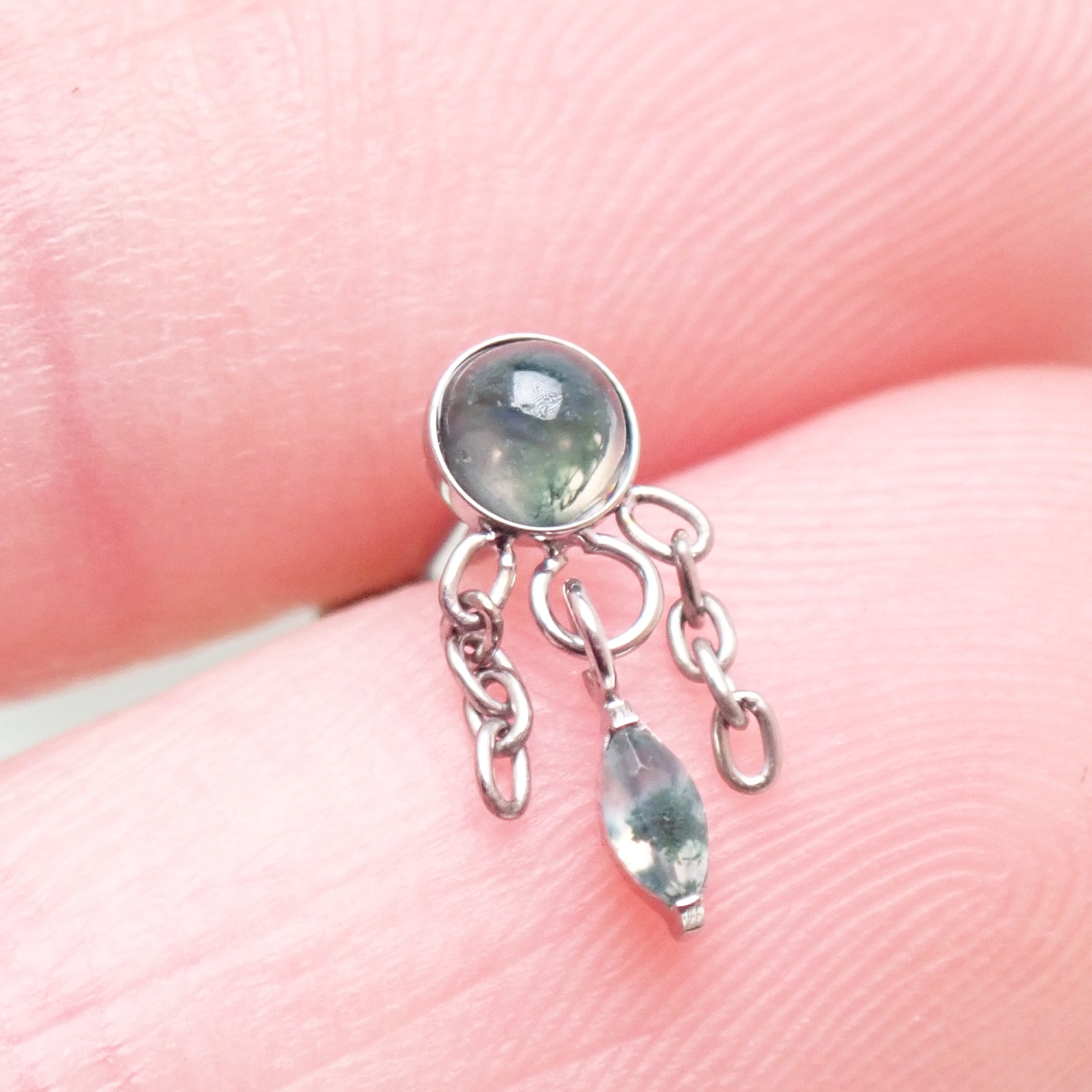 Implant Titanium Moss Agate Dangly Flatback Piercing, Internally Threaded 18g, 16g, 14g