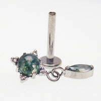 Body Clickers implant titanium flatback with moss agate natural stone, 18g, 6mm, internally threaded piercing jewelry