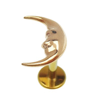 Implant Titanium PVD Gold  Moon Face Flatback Piercing, Internally Threaded 18g, 16g, 14g