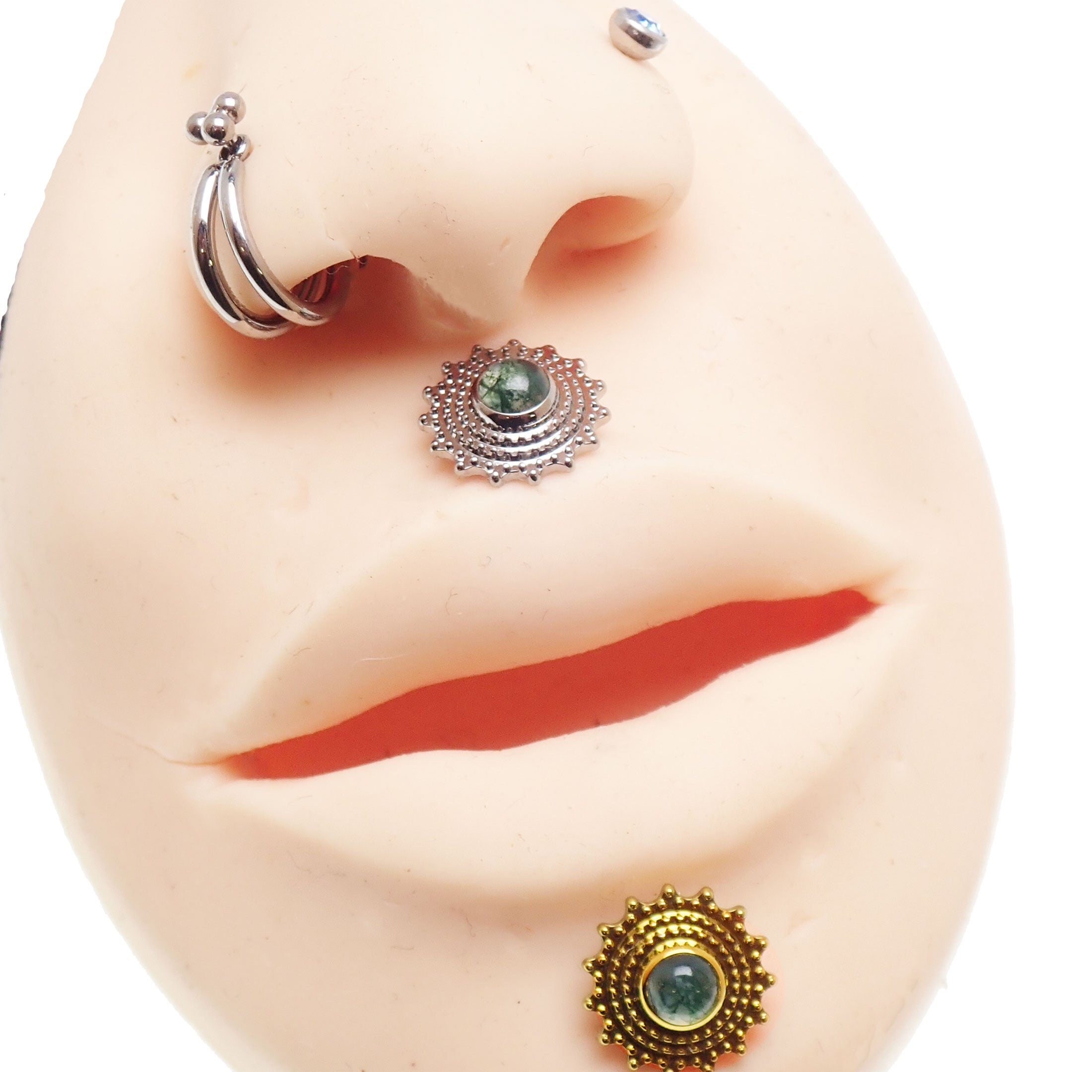 Moss agate Mandala flatback implant titanium internally threaded body jewelry by Body Clickers, showing detailed gemstone design.