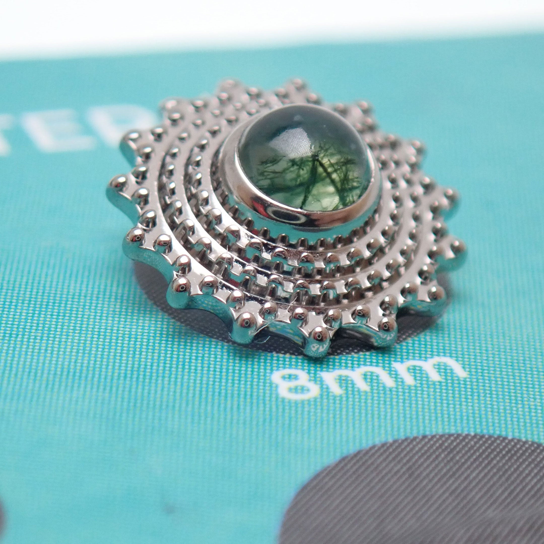 Moss agate Mandala flatback implant titanium internally threaded body piercing jewelry by Body Clickers