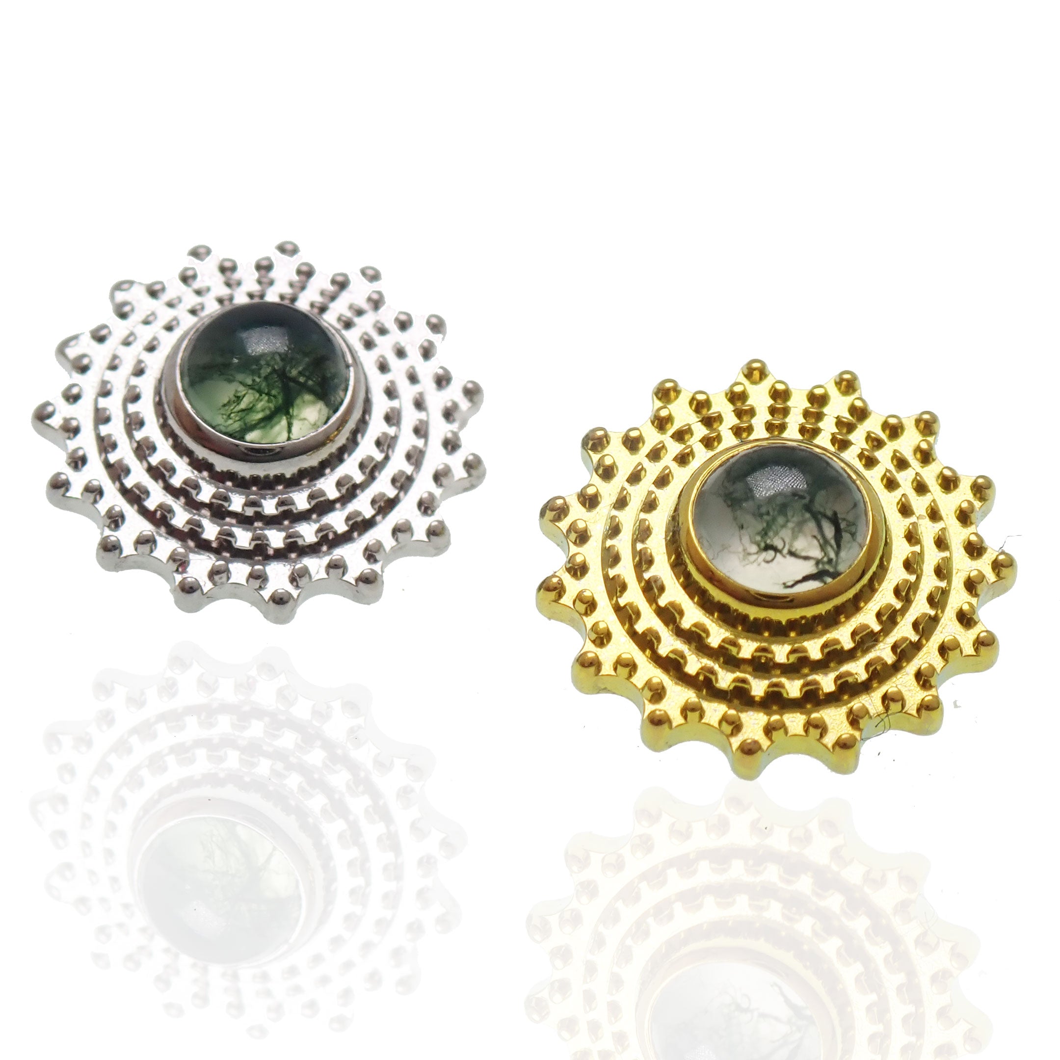 Moss agate Mandala flatback implant titanium internally threaded body jewelry by Body Clickers, with intricate mandala design.