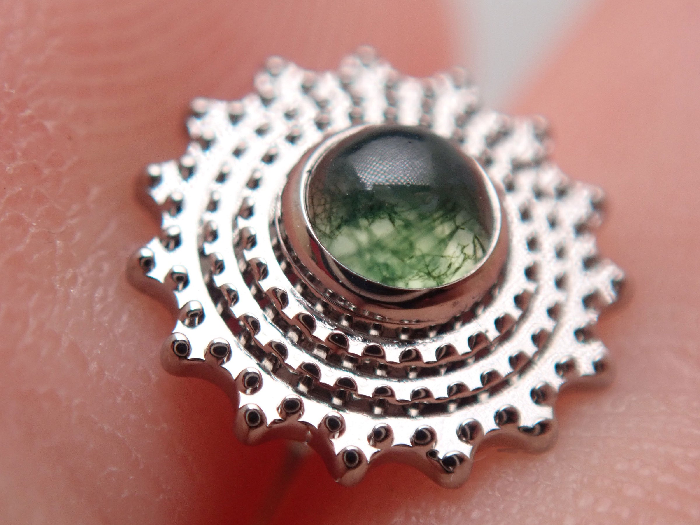 Moss agate Mandala flatback implant titanium body jewelry with internal threading, designed by Body Clickers.