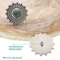 Moss agate Mandala flatback implant jewelry by Body Clickers, titanium internally threaded body piercing accessory.